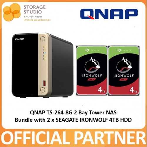 QNAP TS-264-8G 2 Bay Tower NAS Bundle With 2 x 4TB SEAGATE IronWolf Hard Drive. Singapore Warranty 2 Years